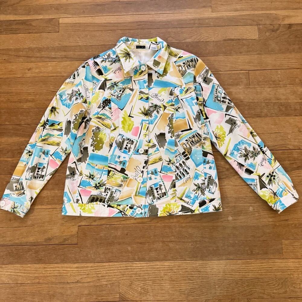 Laura Ashley blue pink white tropical print long sleeve jacket size small S
b9
